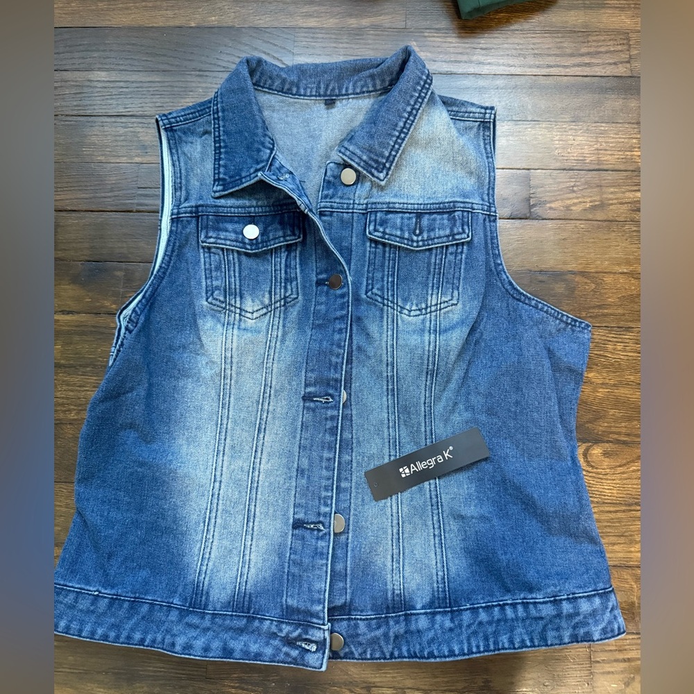 Women’s Allegra K Dark Blue Denim Vest Sleeveless Jacket
